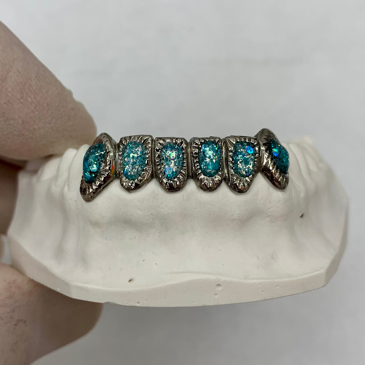 Custom Lower Diamond Cut Frame with Opal Fillings Grillz