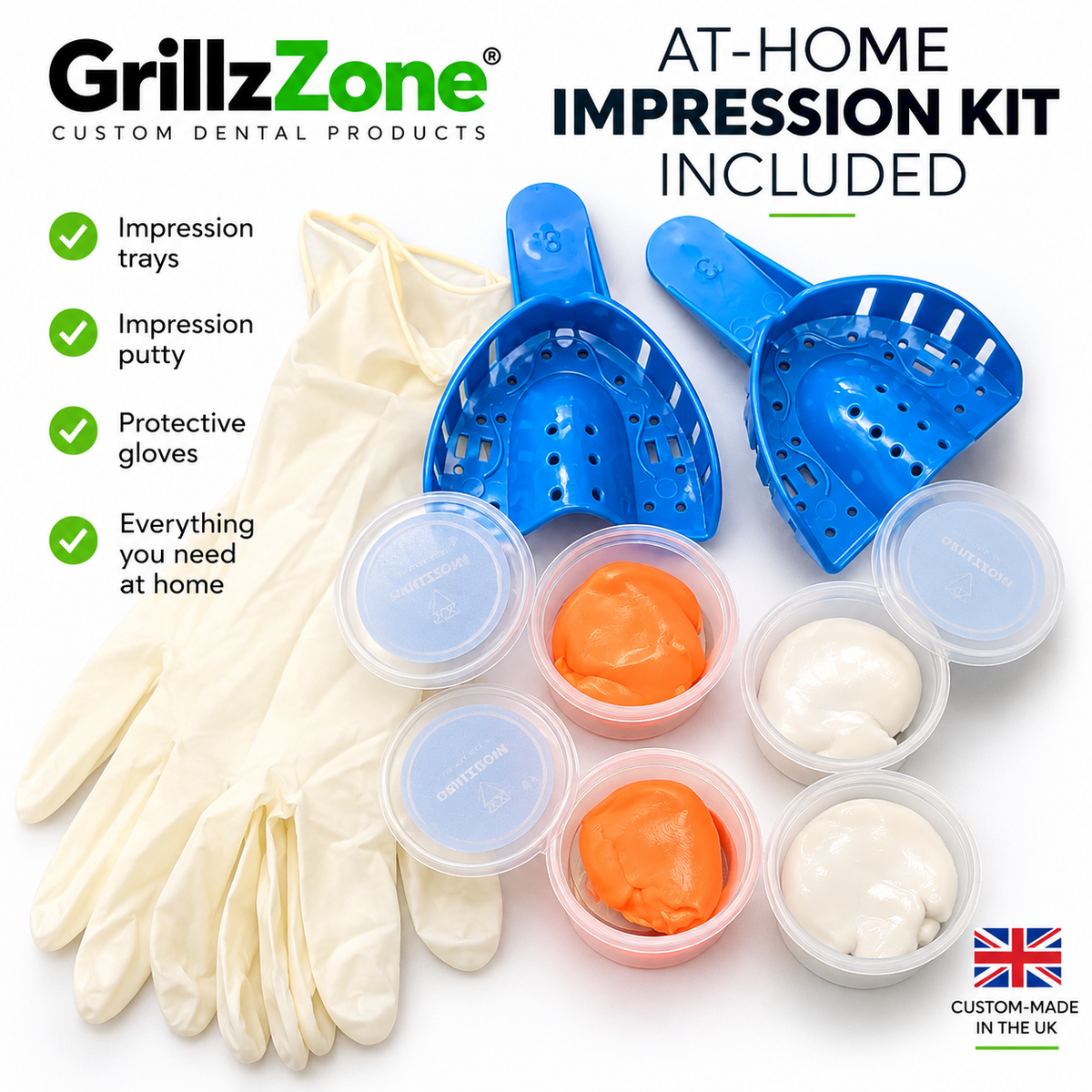 GrillzZone at-home dental impression kit with trays, impression putty and gloves, included with custom teeth whitening trays.