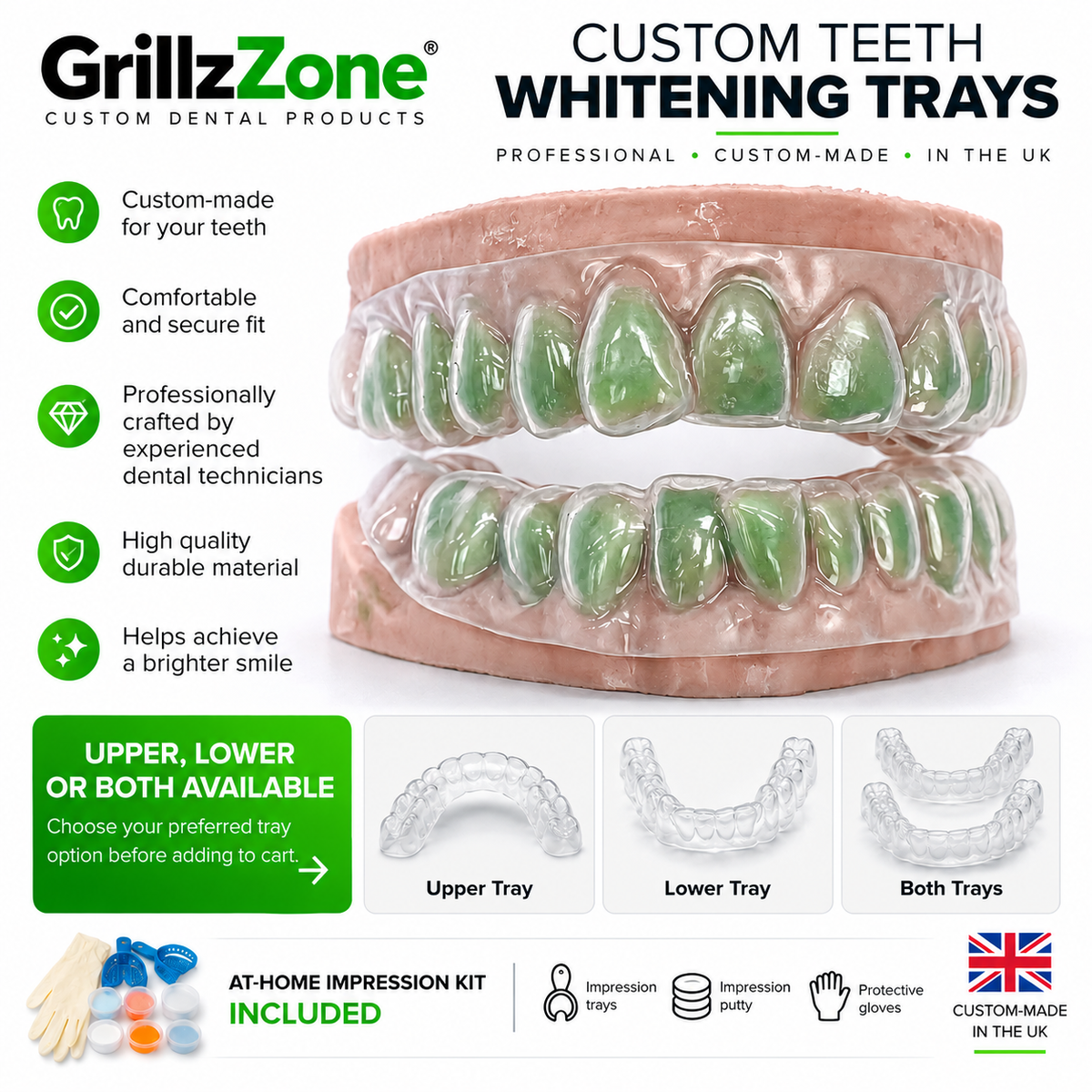 GrillzZone custom teeth whitening trays shown on a dental mold, with text listing features, tray options (upper, lower, both), an at-home impression kit, and a UK made-in-England badge.