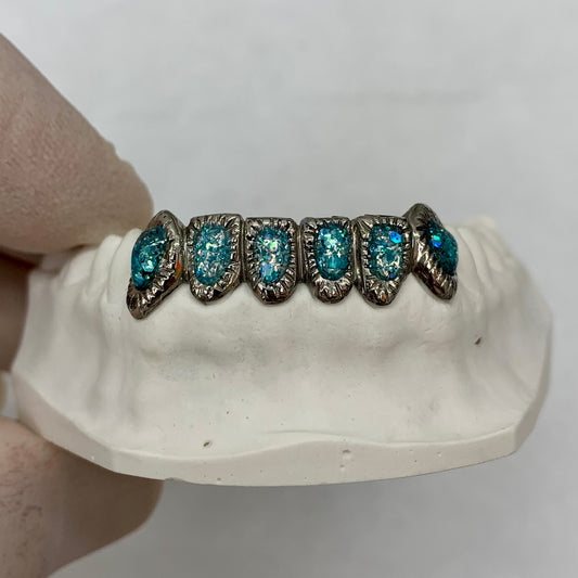 Custom Lower Diamond Cut Frame with Opal Fillings Grillz