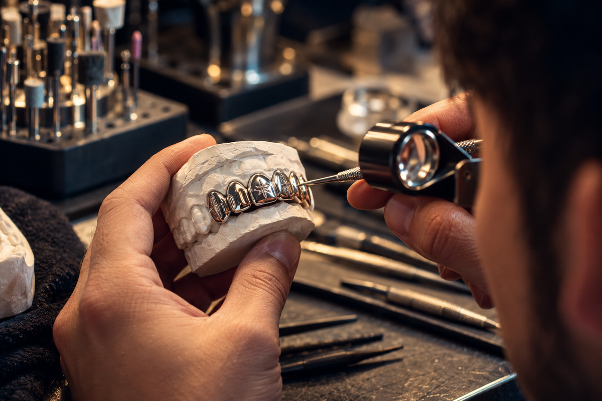 Close-up of custom gold grillz being carefully crafted and inspected on a dental model using precision jewellery tools.